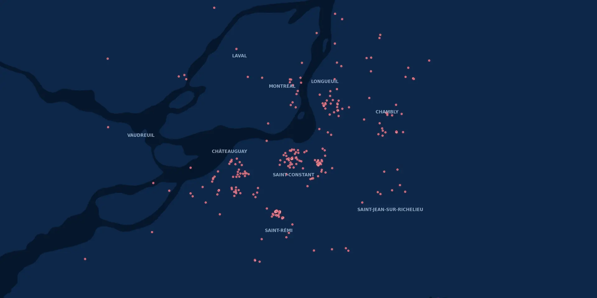Mapa da Grande Montreal e das regiões vizinhas; cada ponto vermelho representa um imóvel confiado à equipe