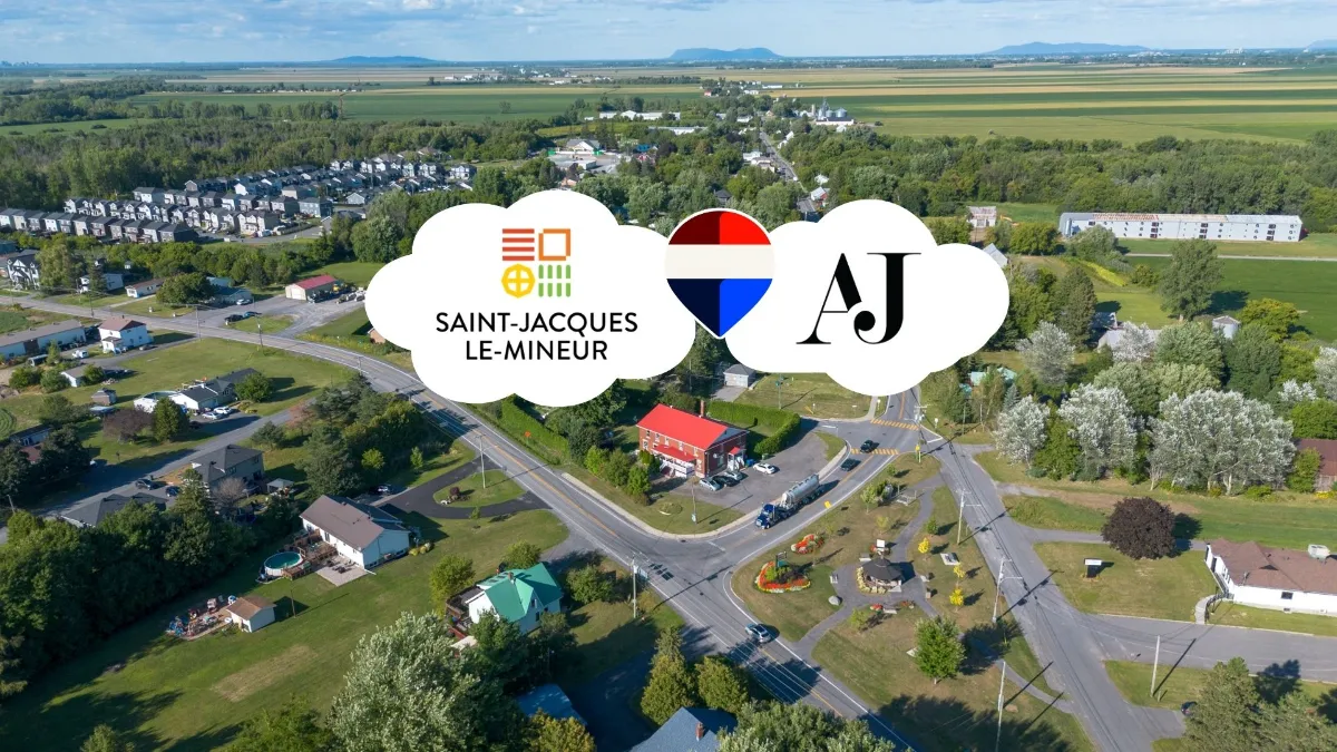 Vue aérienne du village de Saint-Jacques-le-Mineur et de ses terres agricoles – vendre sa propriété avec l'Équipe A&J, courtiers immobiliers